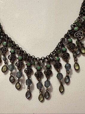 Avon Green and Gray Beaded Fringe Necklace